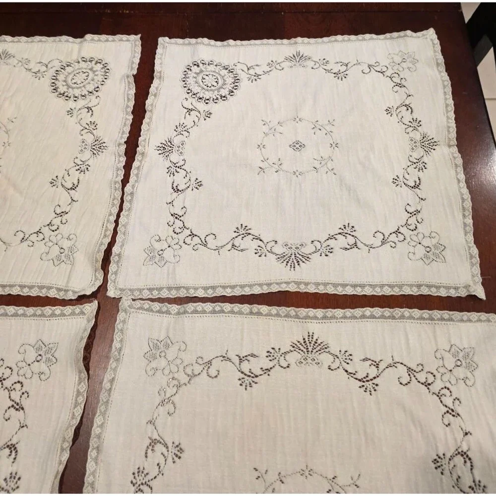 Vintage Cotton Cutwork Napkins Lace Floral Pattern Set of 6 - 14